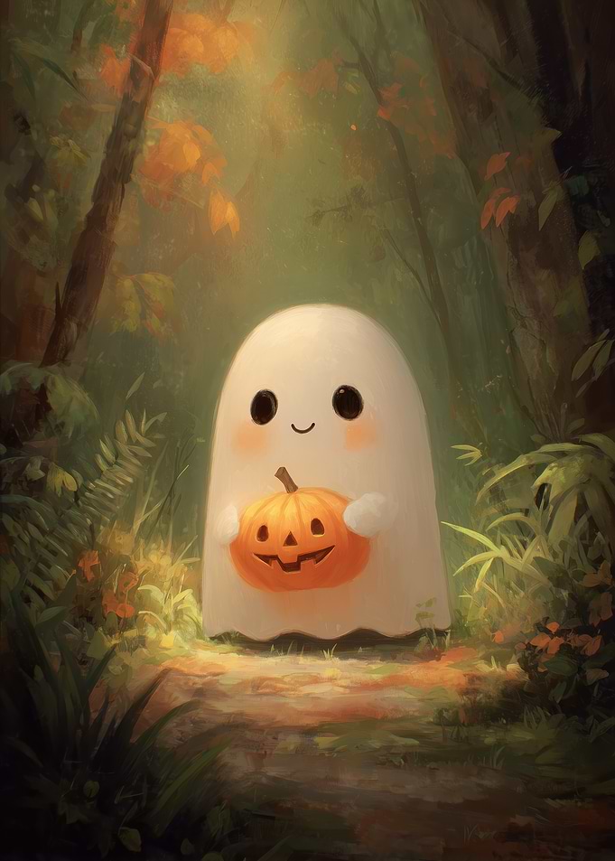 Cute Ghost with Pumpkin in Forest