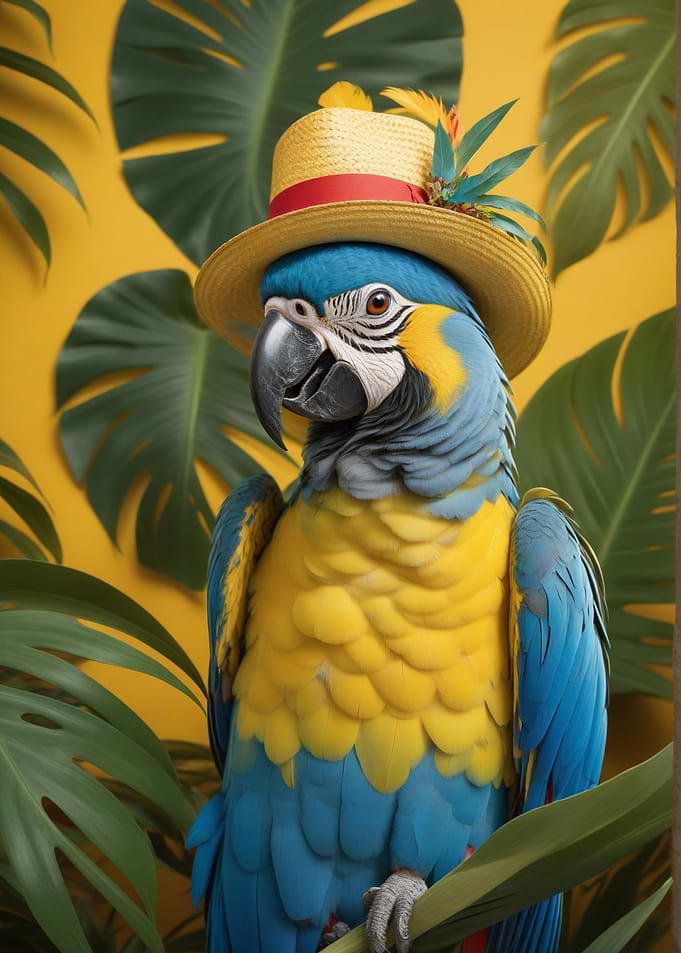 Parrot with Hat in Tropical Setting