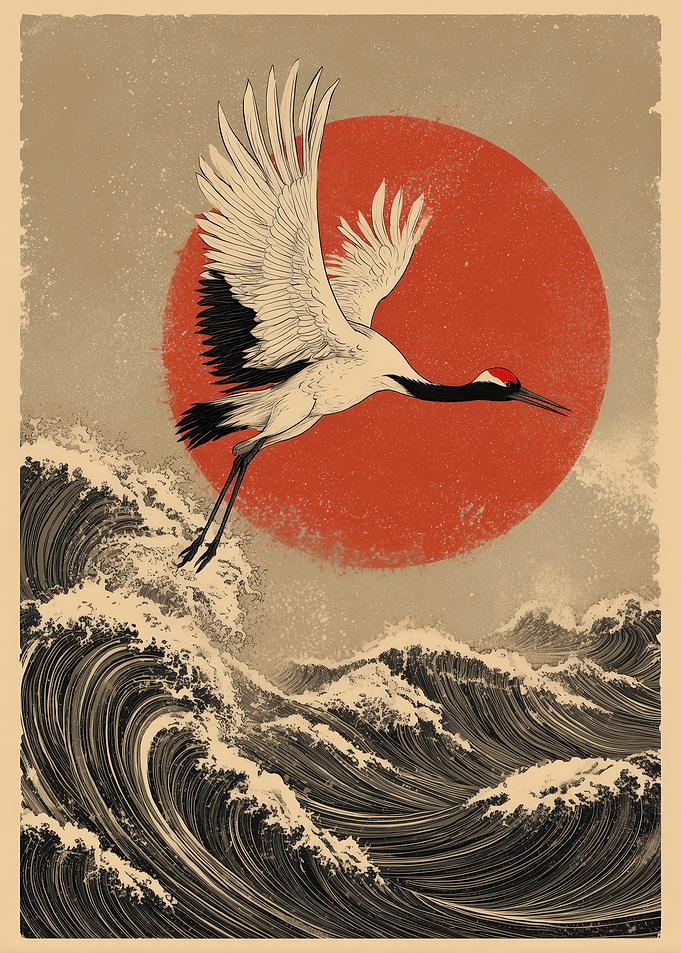 Crane Flying Over Waves with Red Sun