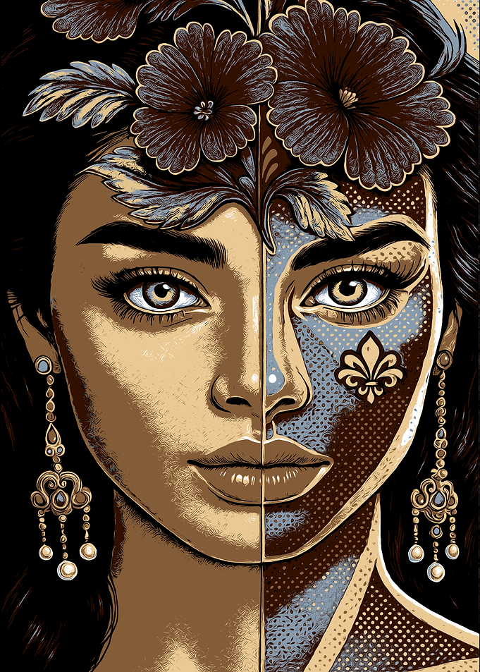 Dual-Faced Woman with Floral Crown