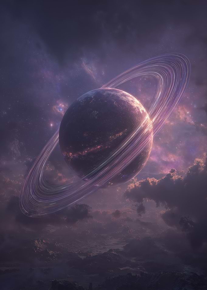 Ringed Planet Above Cloudy Landscape