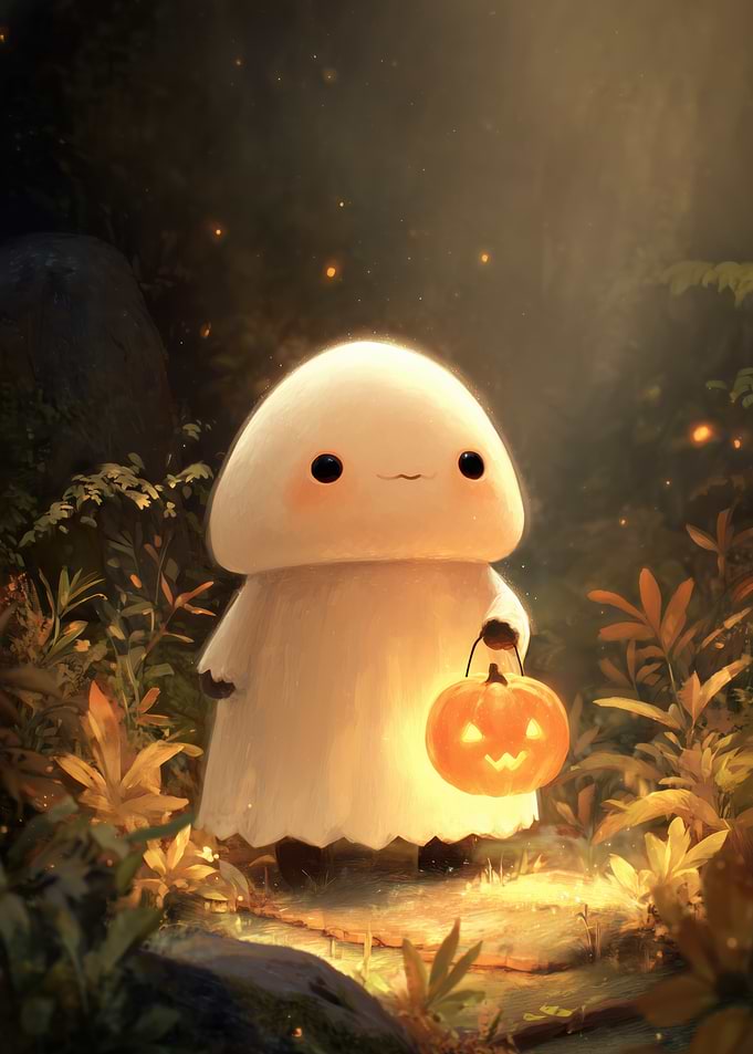 Cute Ghost with Pumpkin Lantern