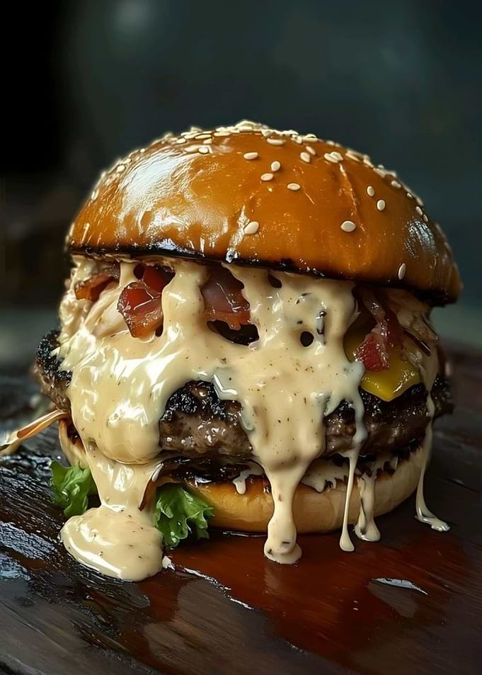Delicious Double Cheeseburger with Dripping Sauce
