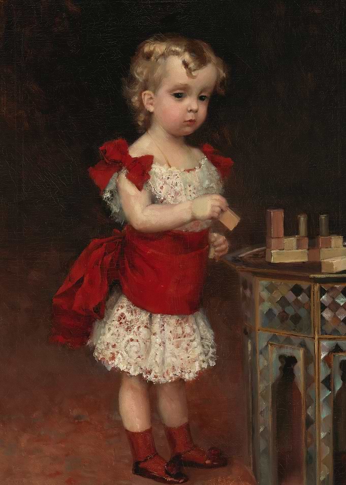 Young Girl Playing with Blocks Painting
