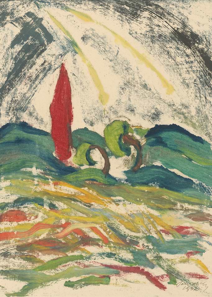 Expressionist Landscape with Red Tower
