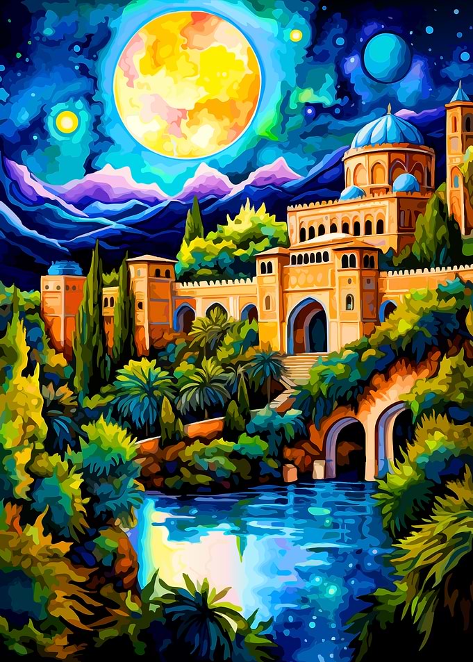 Fantasy Landscape with Palace and Moon