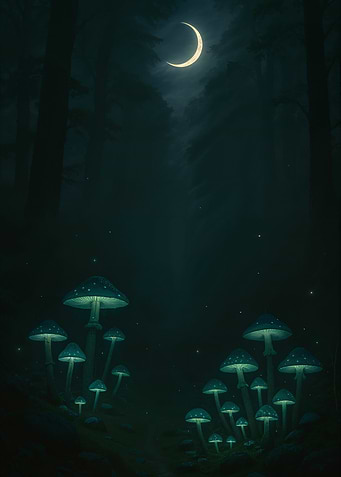 Mystical Glowing Mushrooms in Dark Forest