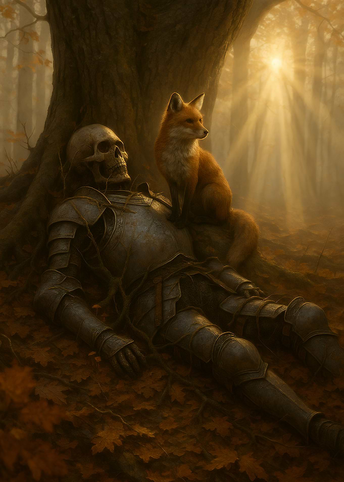 Fox and Fallen Knight in Autumn Forest