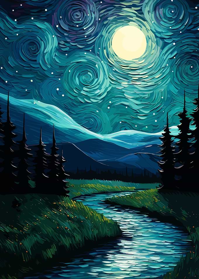 Starry Night Landscape with River