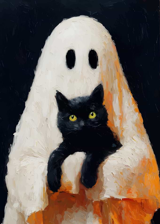 Ghost holding a black cat painting