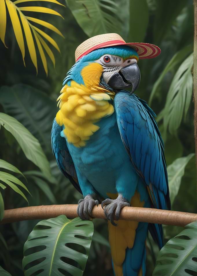 Parrot with Hat in Tropical Setting