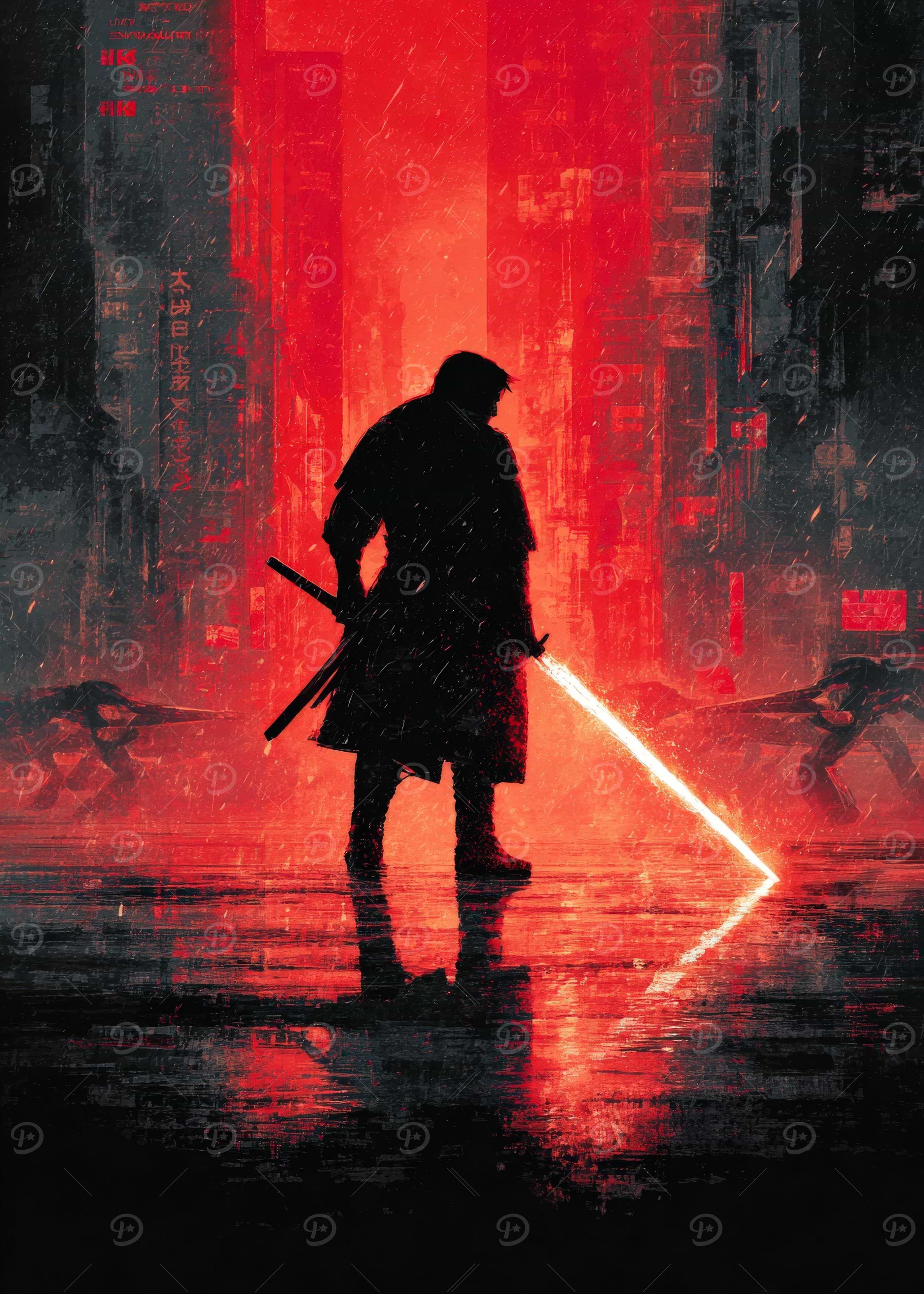 Cyberpunk Samurai in Red Cityscape