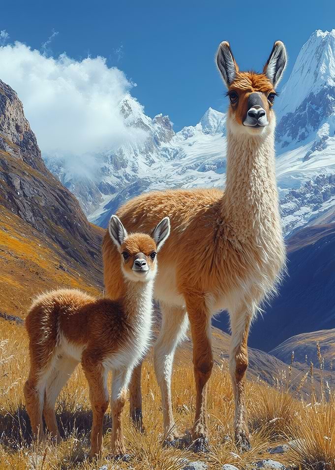 Llama Family in the Andes Mountains
