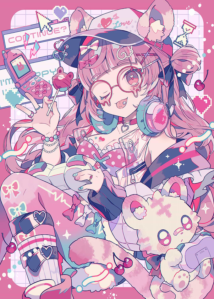 Pink Kawaii Girl with Teddy Bear