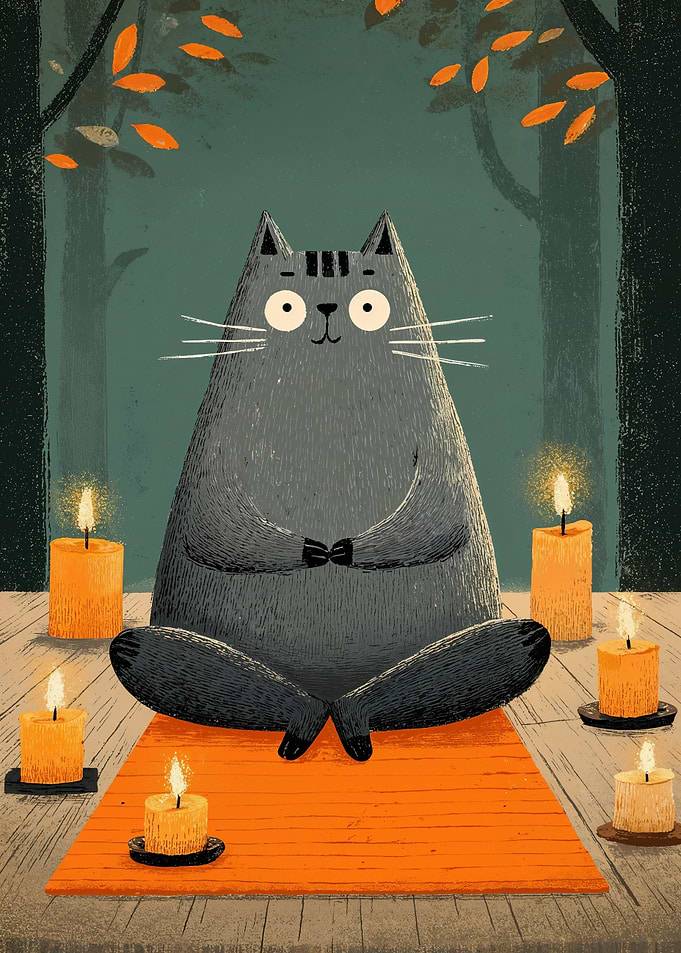 Meditating Cat with Candles Illustration
