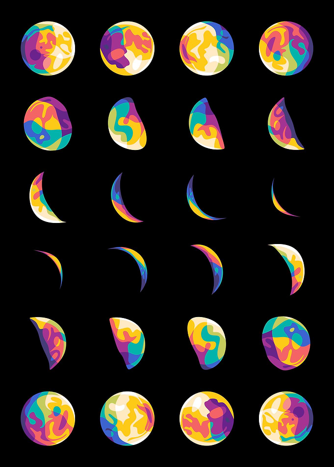 Colorful Moon Phases on Black Background
