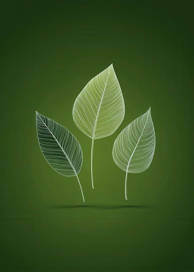 Three Leaves on Green Background