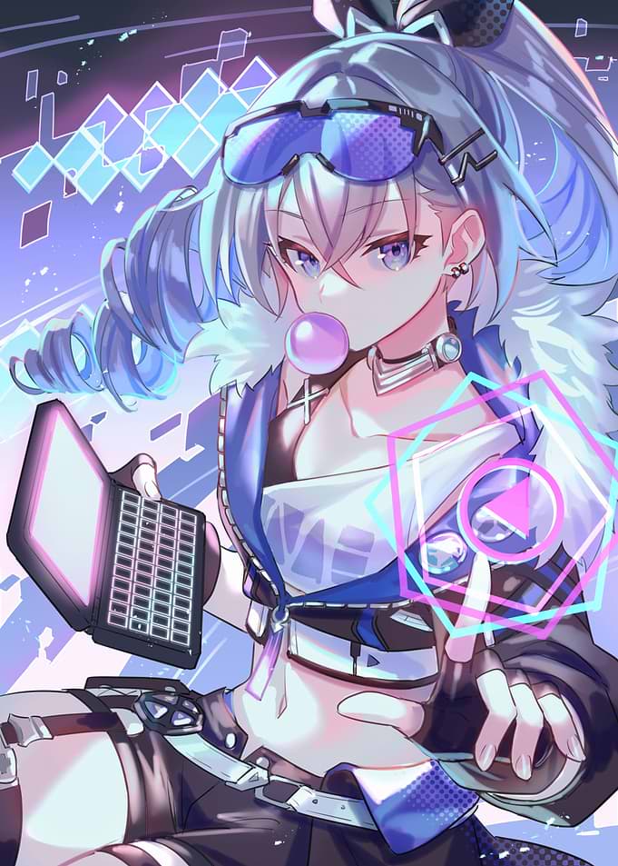 Anime Girl with Bubblegum and Laptop