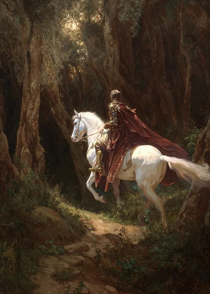 Knight on White Horse in Forest