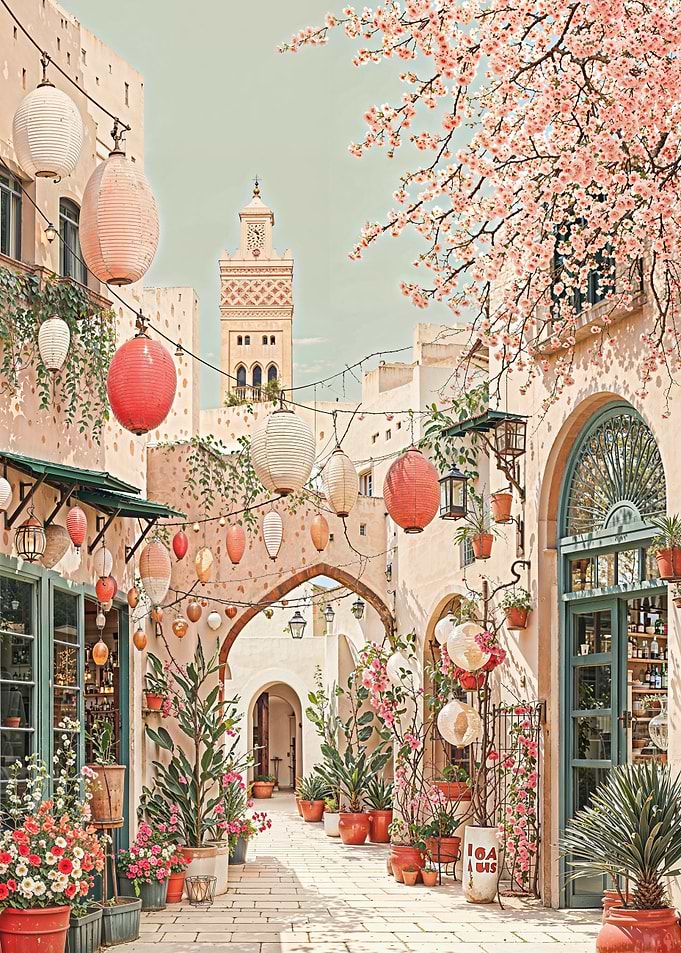 Moroccan street with lanterns and flowers
