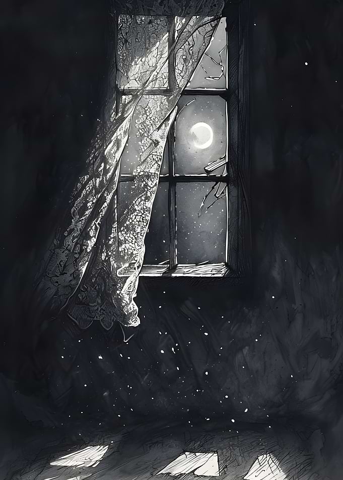 Moonlit Window with Lace Curtain