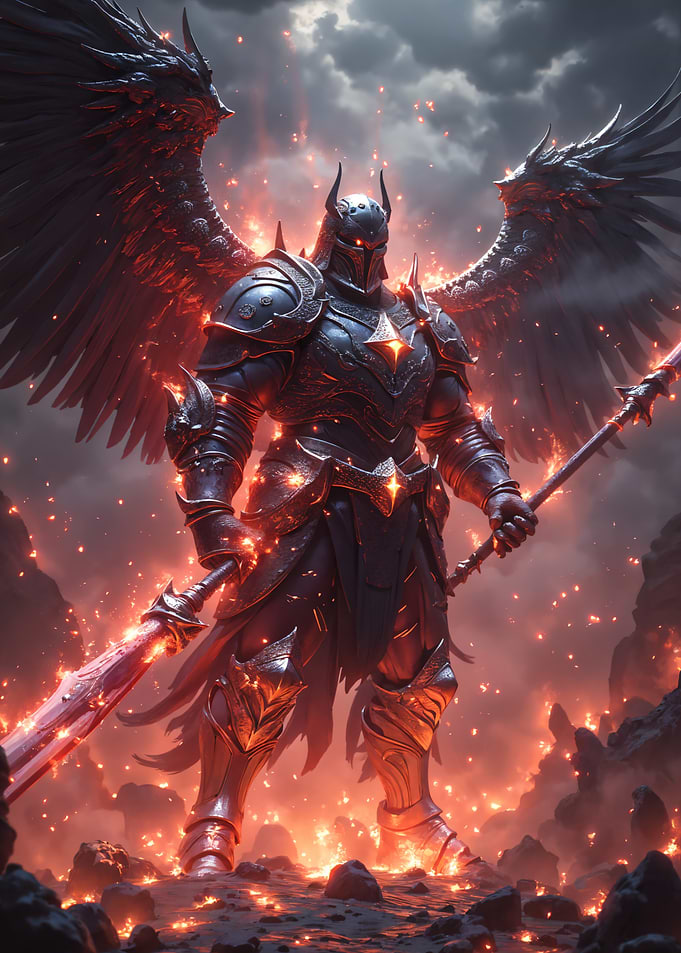 Winged Knight in Fiery Landscape
