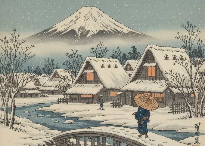 Japanese Winter Village with Mount Fuji