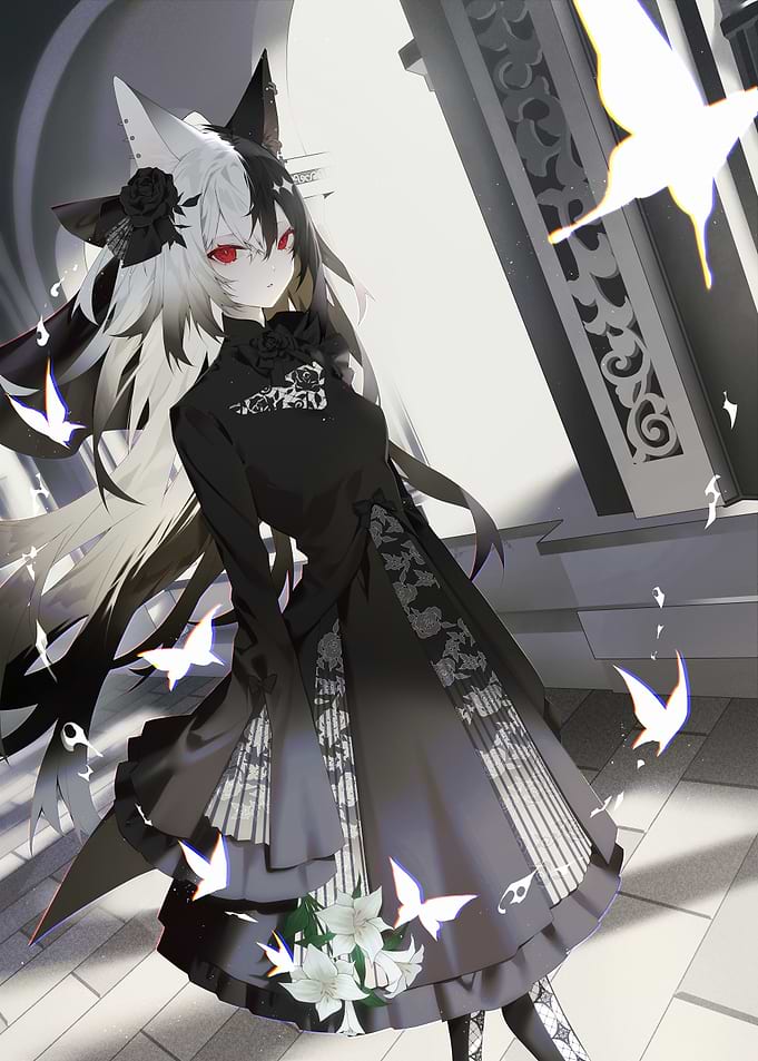 Anime Girl in Black Dress with Flowers