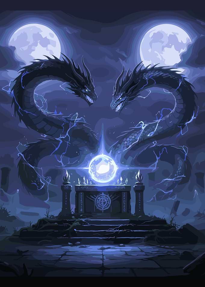 Two Dragons with Orb and Moons