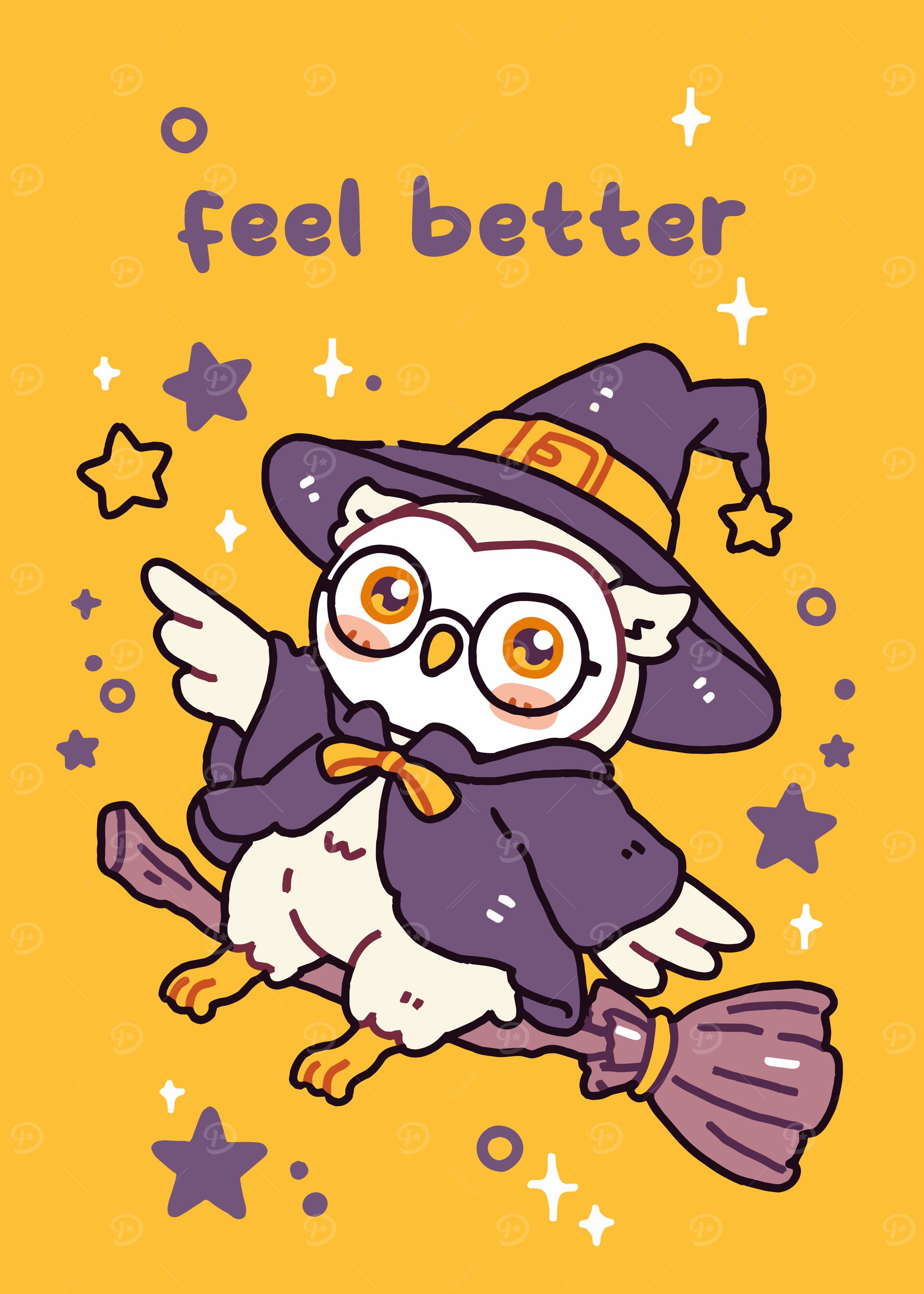 Cute Owl Witch Feel Better Card