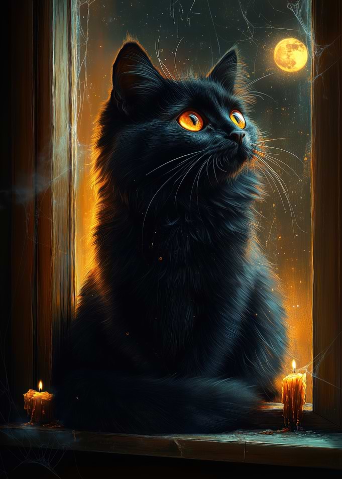 Black Cat in Window at Night