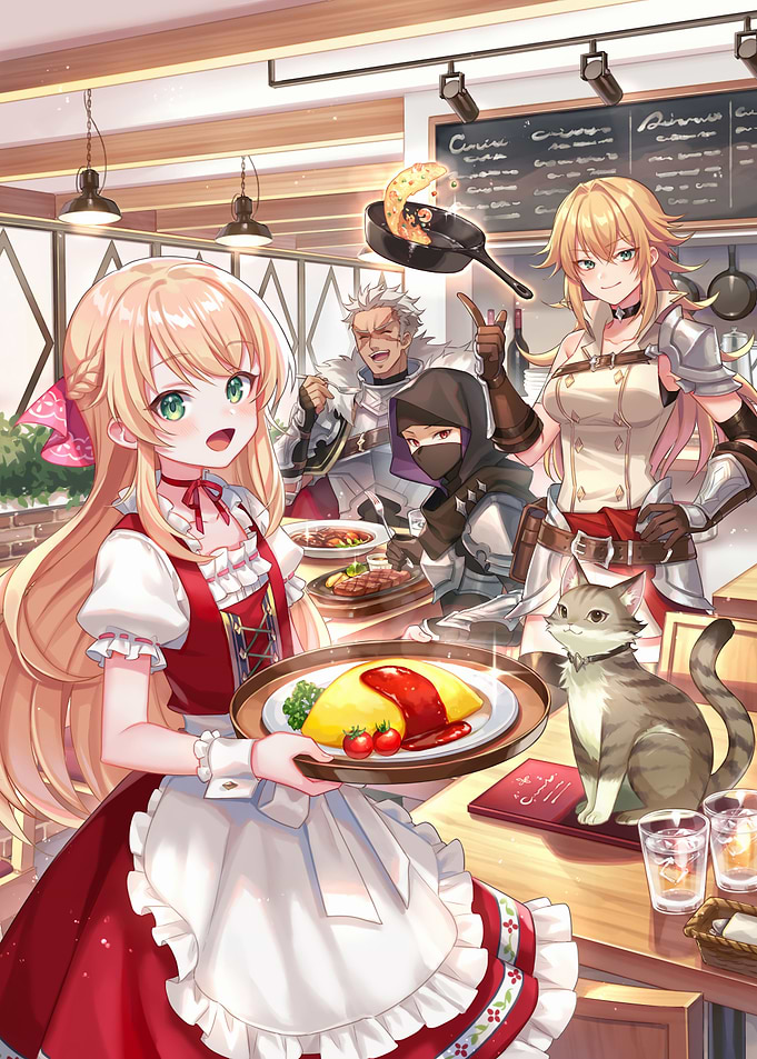 Anime characters in a restaurant setting