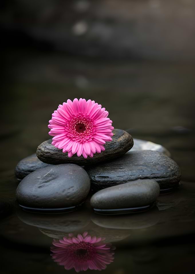 Pink Gerbera Daisy on River Stones