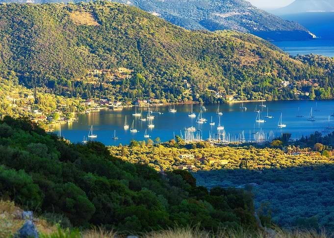 Scenic Bay with Sailboats and Lush Hills, Lefkada