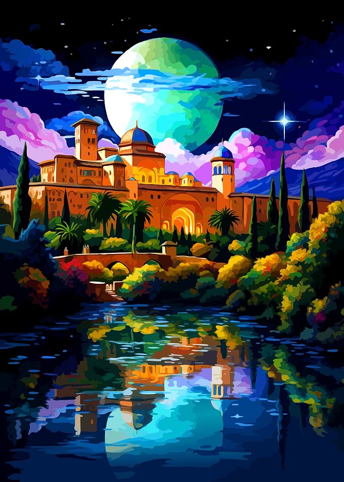 Fantasy Castle Landscape with Moon Reflection