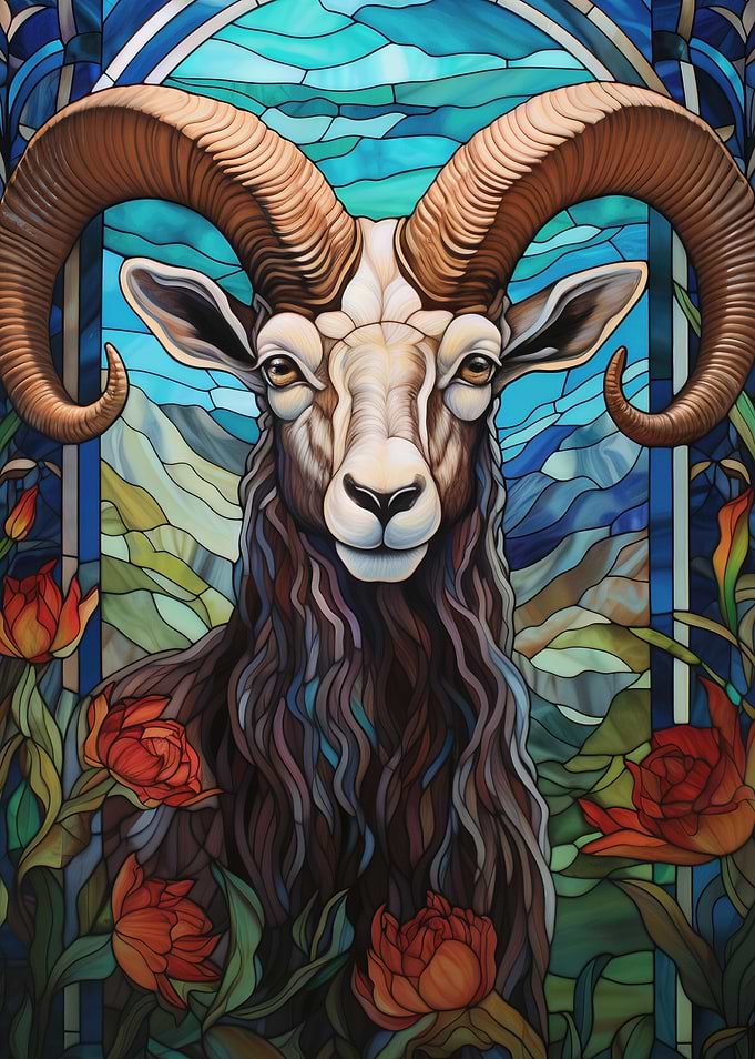Stained Glass Ram with Floral Accents