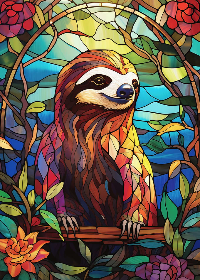 Stained Glass Sloth in Floral Frame