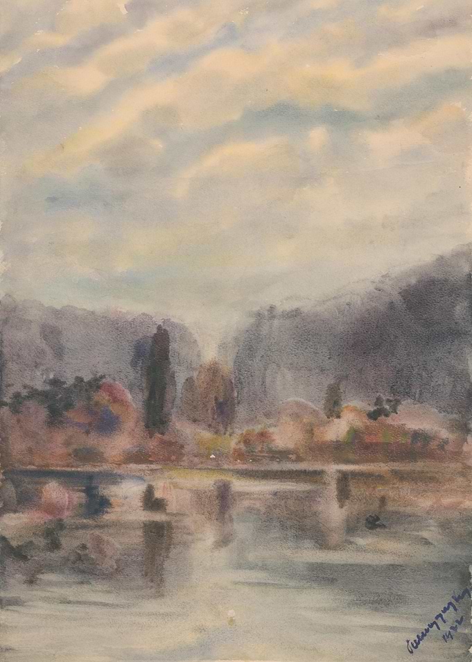 Watercolor Landscape with Lake and Trees