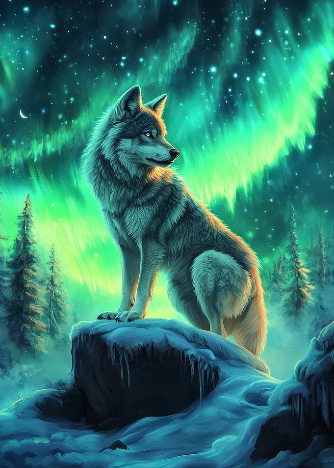Wolf under the Northern Lights