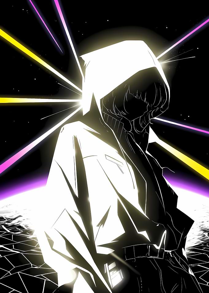 Hooded Figure in Neon Space