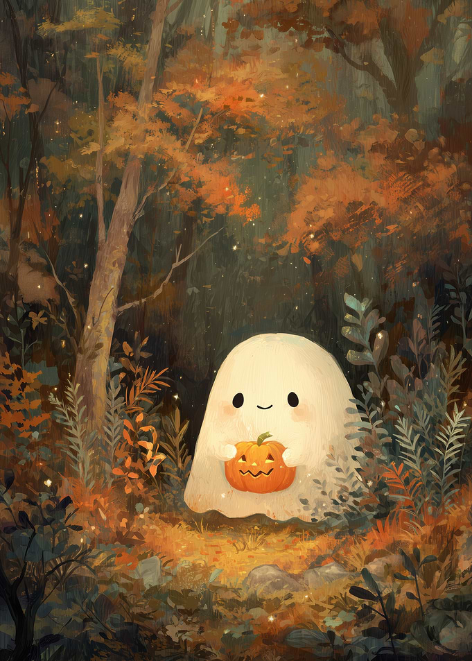 Cute Ghost with Pumpkin in Autumn Forest