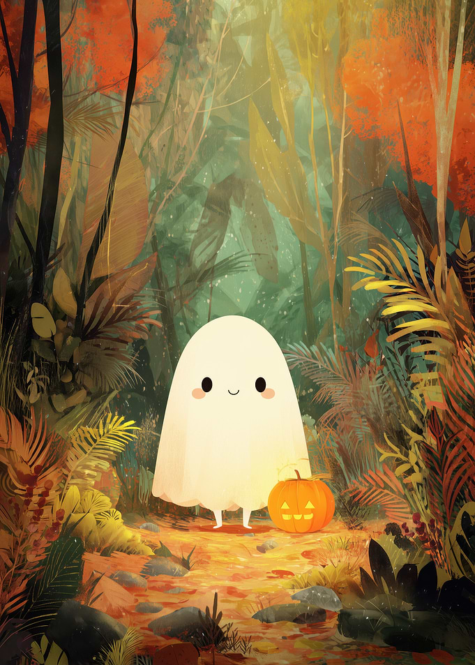 Cute Ghost with Pumpkin in Forest