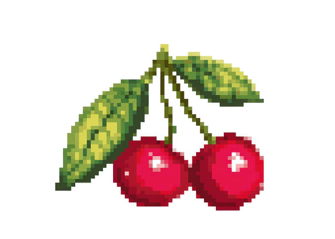 Pixel Art Cherries with Leaves