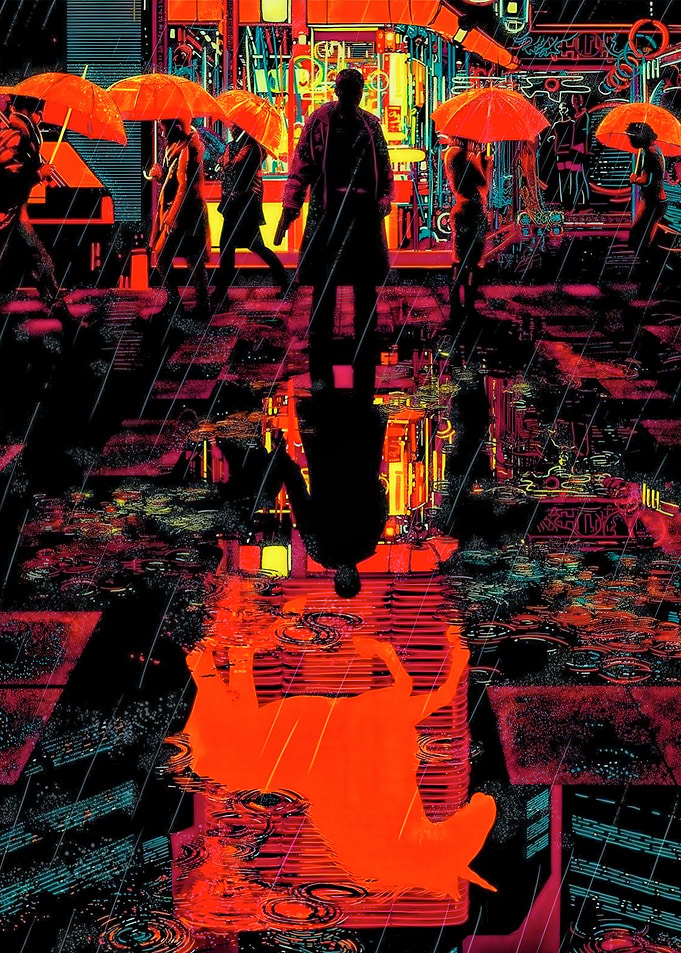 Rainy Cityscape with Umbrellas and Reflections