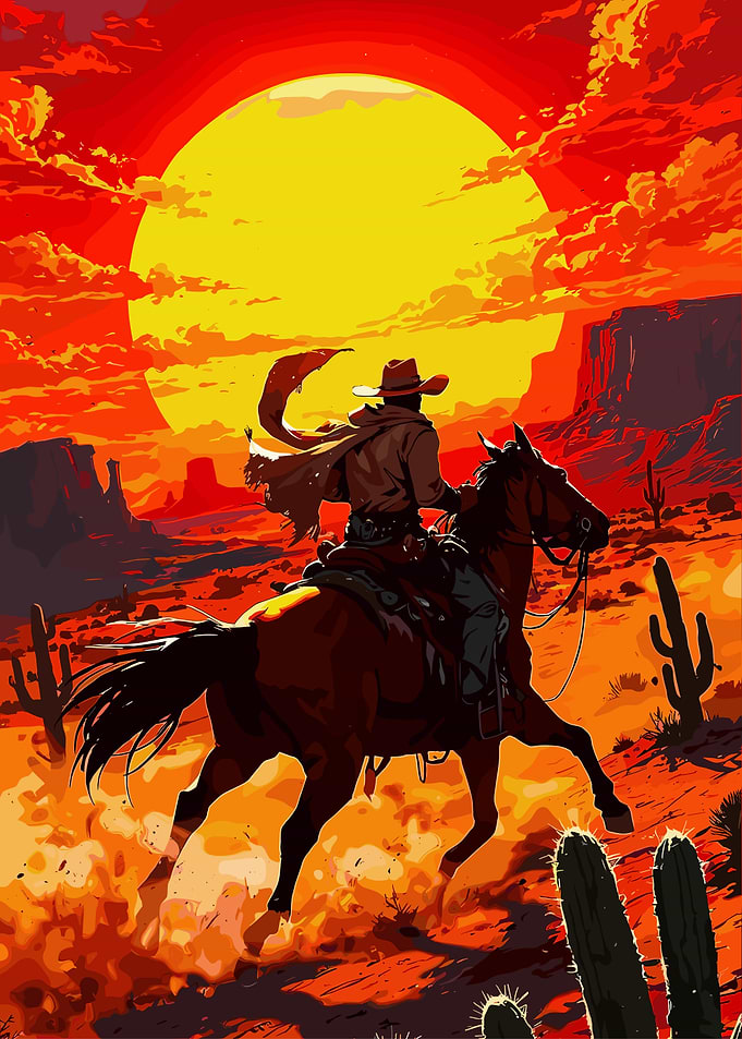 Cowboy Riding Horse in Desert Landscape