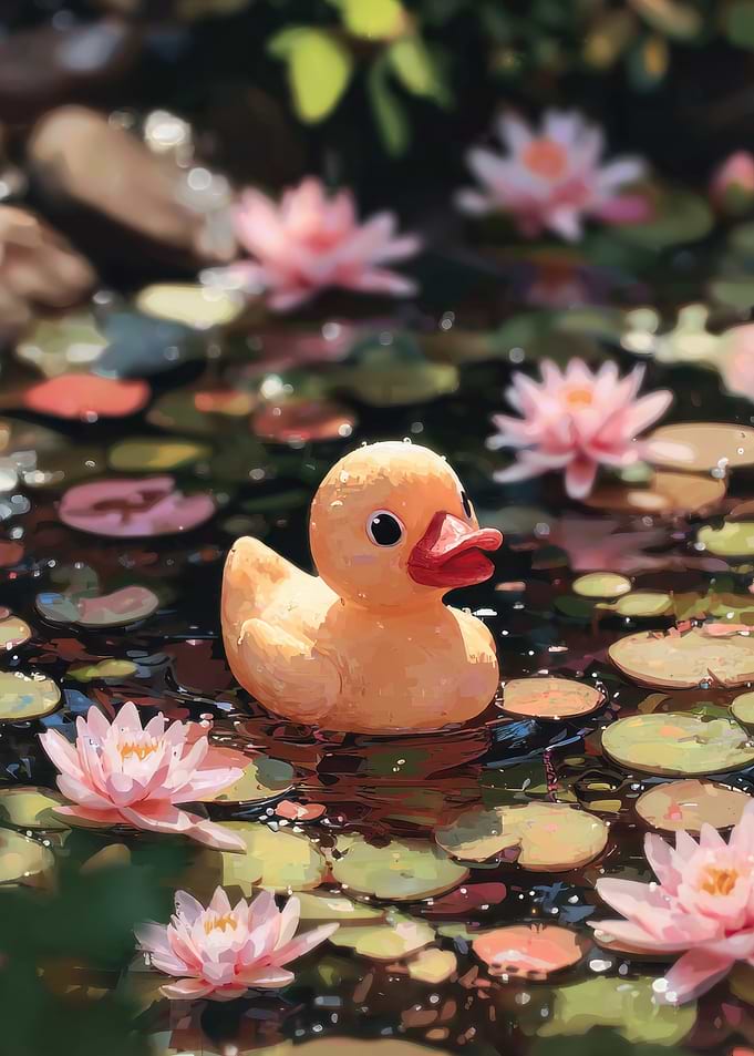 Rubber duck in a lily pond