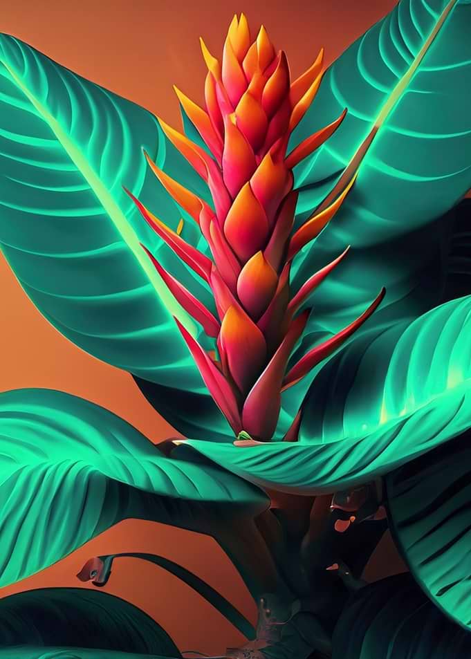 Tropical Flower with Large Green Leaves