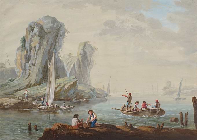 Bay with large rocks on the left and fishermen