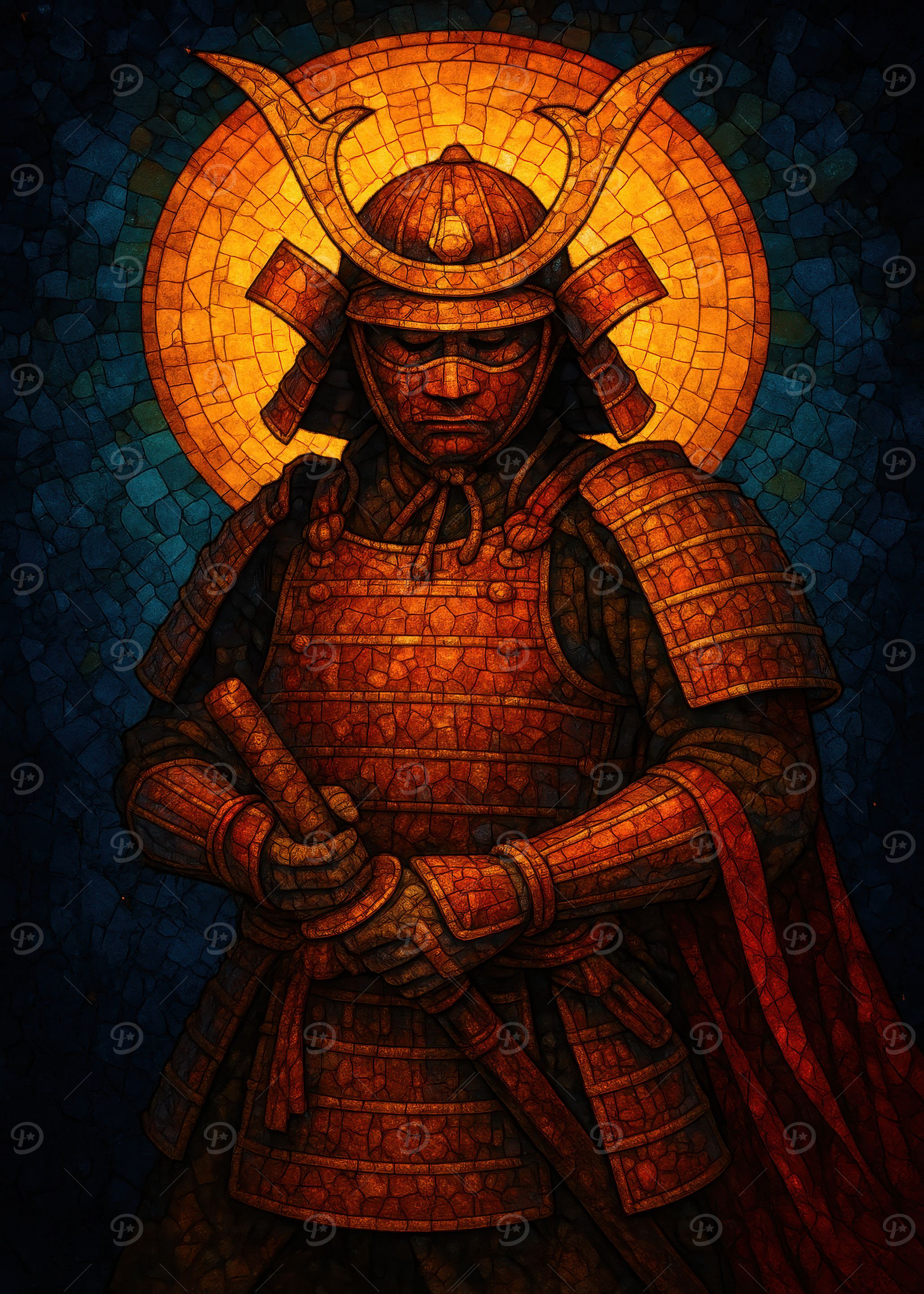Samurai Warrior in Stained Glass Style