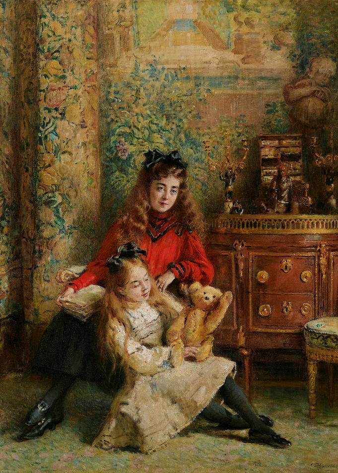 Two Girls with Teddy Bear Painting